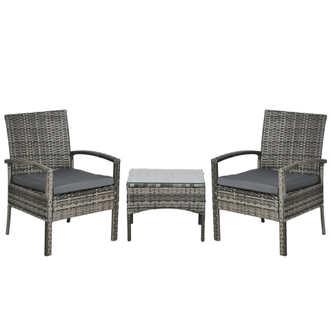 Outsunny 3 Pieces Rattan Bistro Set, Wicker Garden Furniture Set with Glass Top Coffee Table and Chairs, Washable Cushions for Outdoor, Patio, Balcony, Mixed Grey