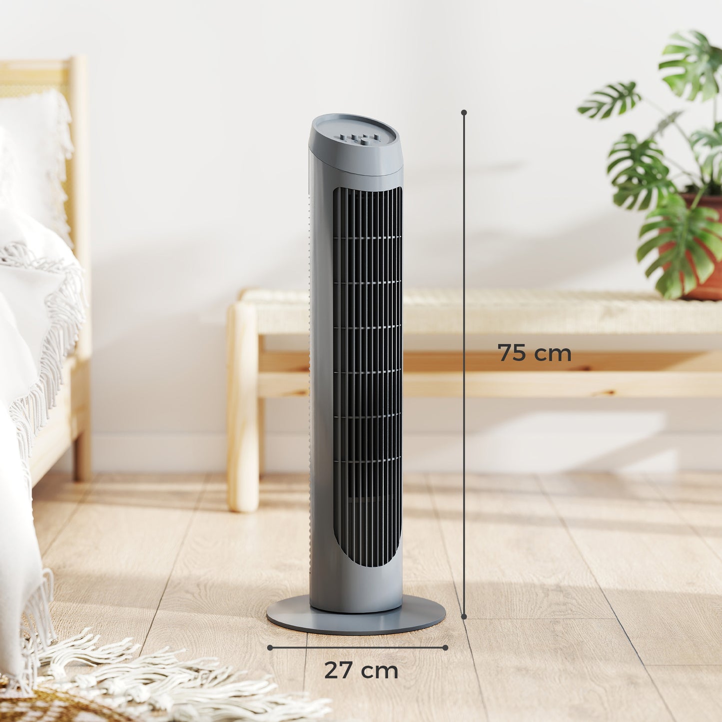 HOMCOM Tower Fan for Bedroom Cooling, 75cm Electric 70° Oscillating with 3 Speed Settings, Standing Floor Fan, Grey