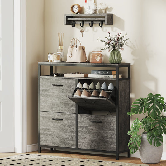 HOMCOM Shoe Storage Cabinet with 4 Flip Drawers and Open Shelf - Cement Grey