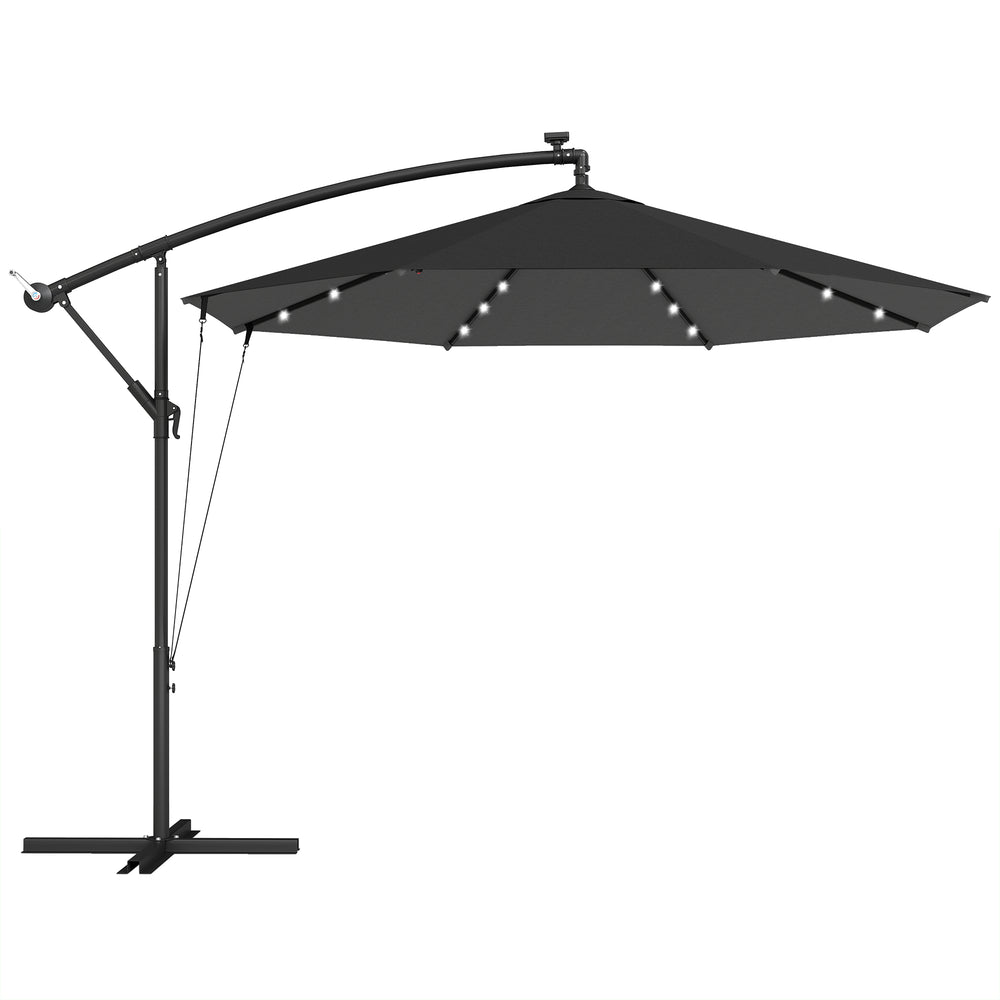 Outsunny 3 m Cantilever Parasol with Solar LED Lights Garden Umbrella with Cross Base, Black