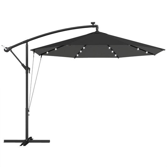 Outsunny 3 m Cantilever Parasol with Solar LED Lights Garden Umbrella with Cross Base, Black