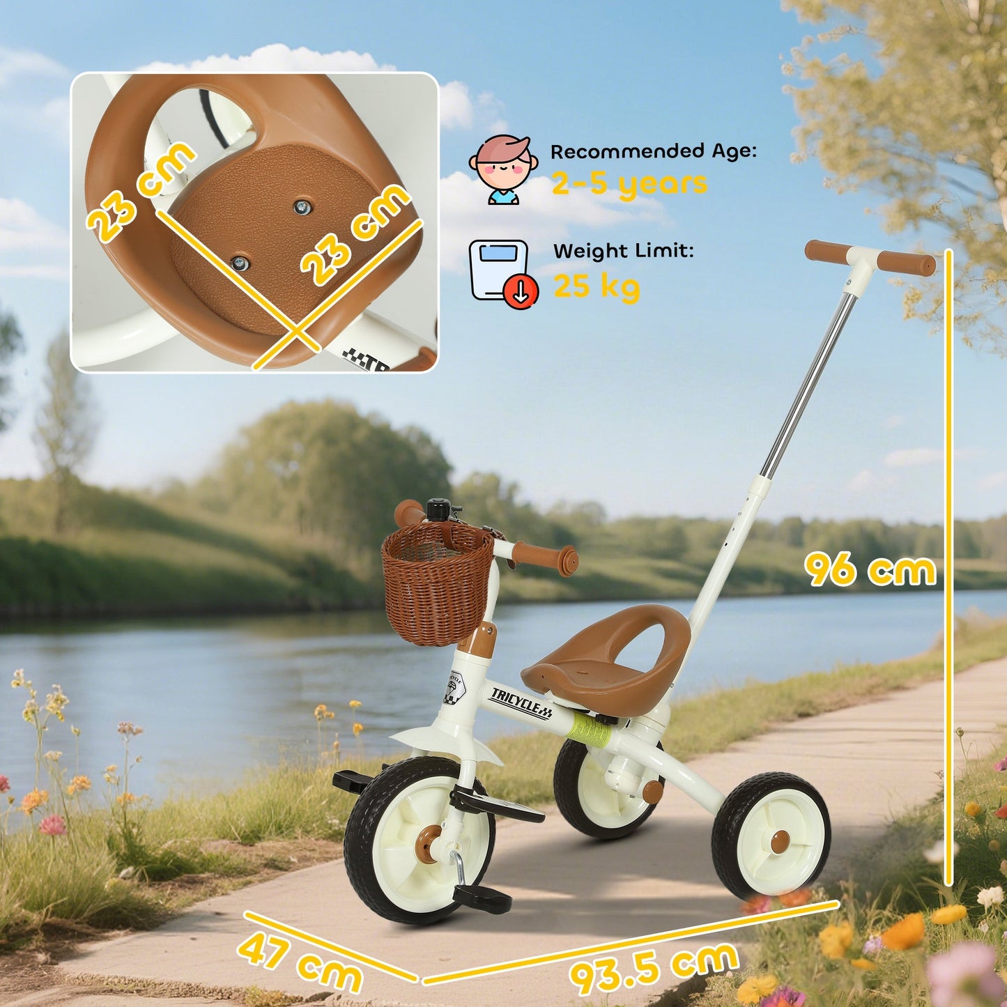 AIYAPLAY 2-In-1 Toddler Trike for 2-5 Years Old, 3 Wheel Bike with Adjustable Parent Handle, Basket for Boys and Girls, White