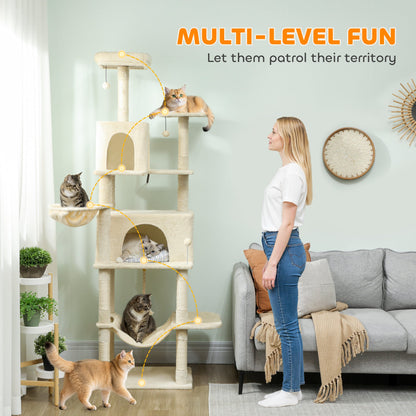 PawHut 202cm Cat Tree with 6 Scratching Posts, 2 Hammocks, 2 Condos, 2 Perches, Pompoms, for Cats to Rest and Play, Beige