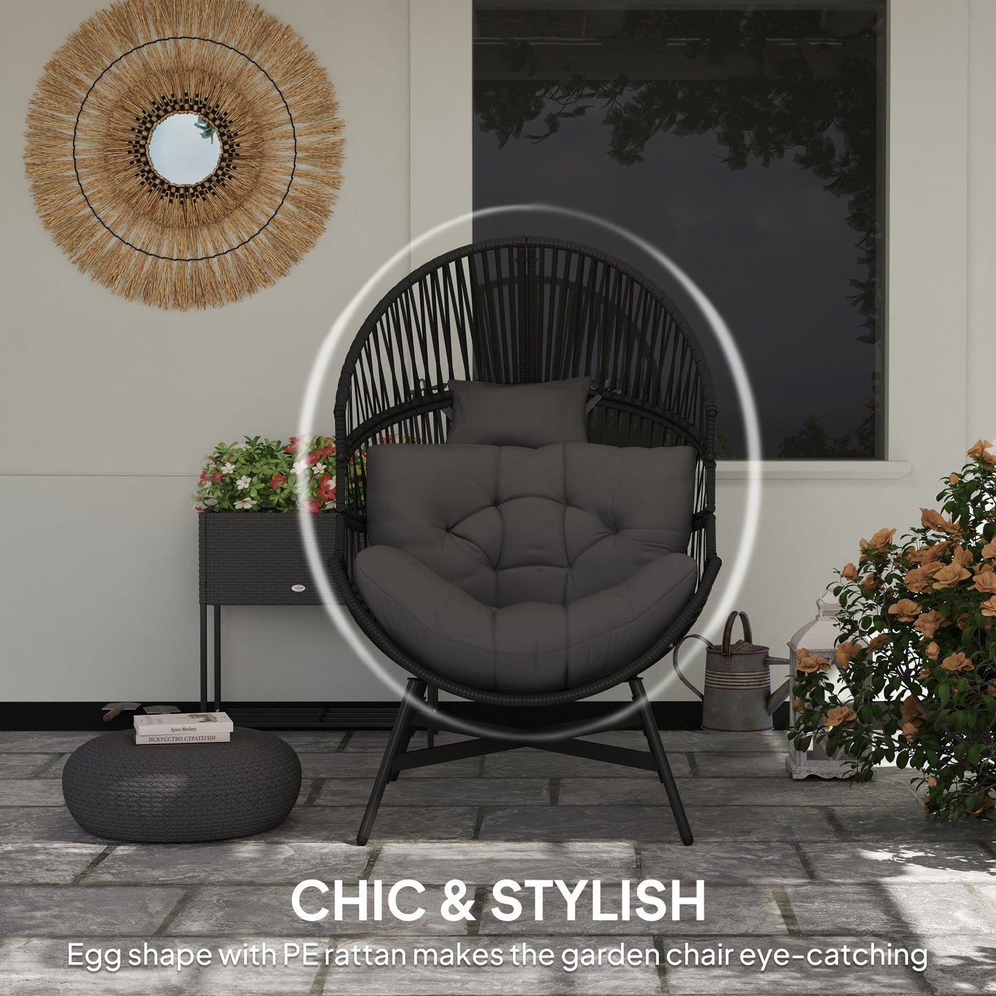 Outsunny Rattan Egg Chair, Oversized Freestanding Garden Egg Chair with Thick Tufted Cushion, Headrest, Steel Frame for Indoor and Outdoor Use, Charcoal Grey