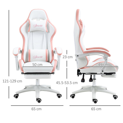 Vinsetto Computer Gaming Chair, PU Leather Office Desk Chair with Footrest, Swivel Wheels, 135 Reclining Back, Lumbar Support, Headrest for Home, White and Pink