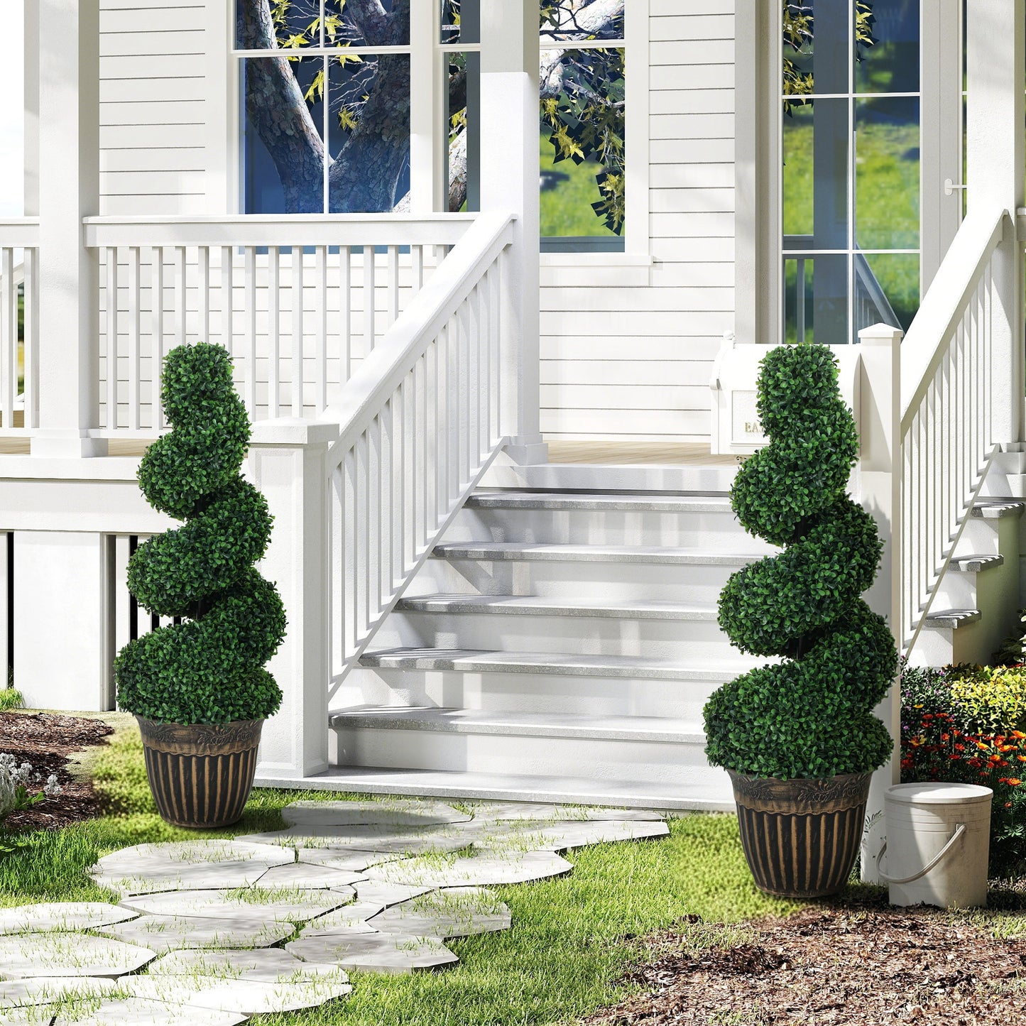 HOMCOM Set of 2 Artificial Plants, Topiary Spiral Boxwood Trees with Pot, for Home Indoor Outdoor Decor, 90cm