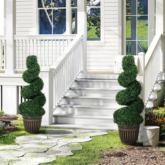 HOMCOM Set of 2 Artificial Plants, Topiary Spiral Boxwood Trees with Pot, for Home Indoor Outdoor Decor, 90cm