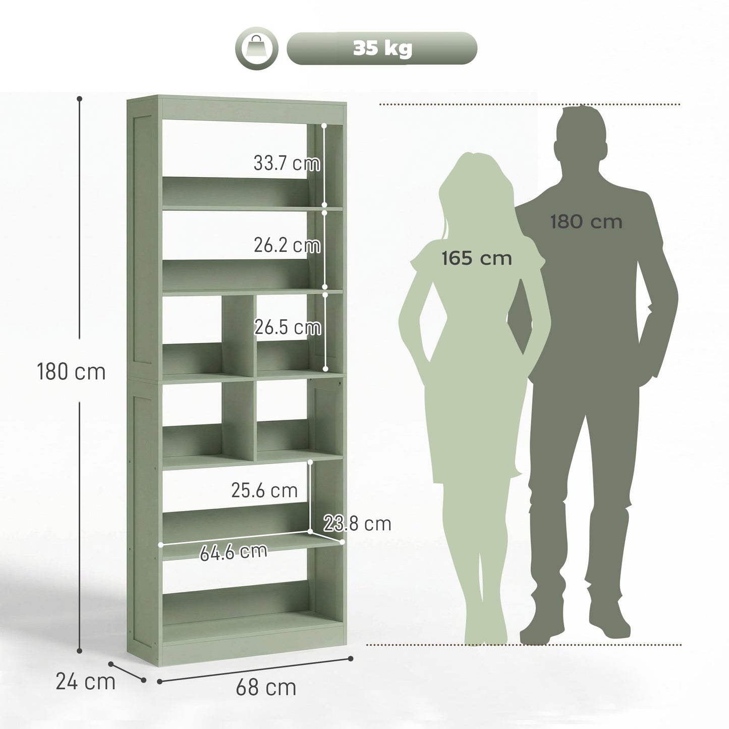 HOMCOM Bookcase, 6-Tier Bookshelf with Open Storage Shelves, Cubes, 180 cm Tall Display Shelf with Anti-Tipping Design, Green