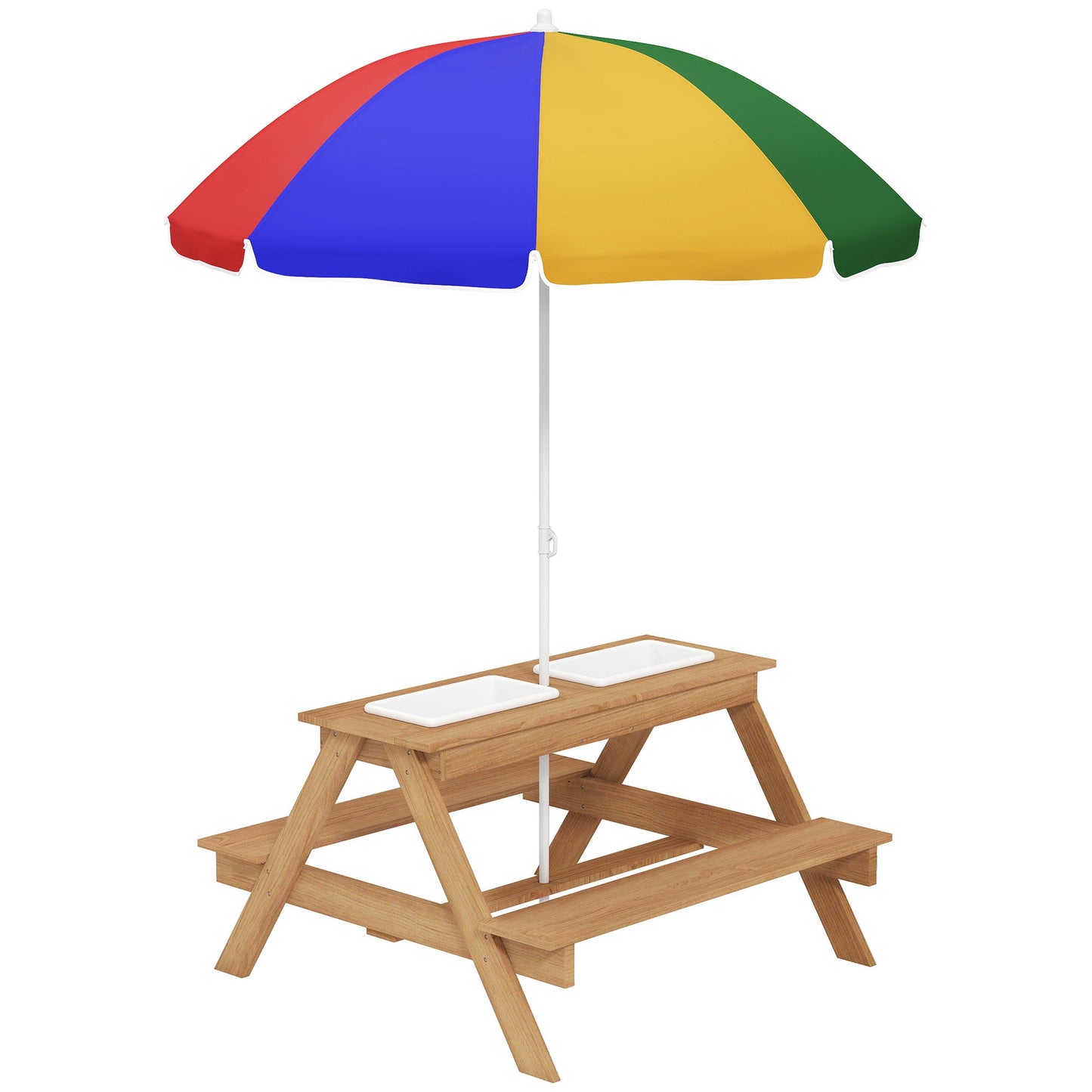 AIYAPLAY Kids Picnic Table, Sand and Water Table with Wooden Benches, Adjustable Parasol and Storage Bins, Multicolour