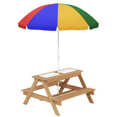 AIYAPLAY Kids Picnic Table, Sand and Water Table with Wooden Benches, Adjustable Parasol and Storage Bins, Multicolour