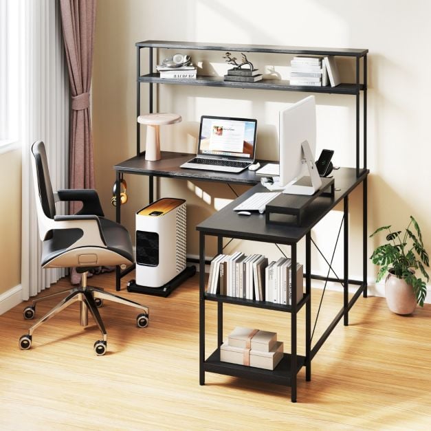 L-Shaped Gaming Desk with LED Strip and Power Outlets-Black