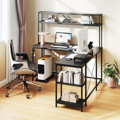 L-Shaped Gaming Desk with LED Strip and Power Outlets-Black