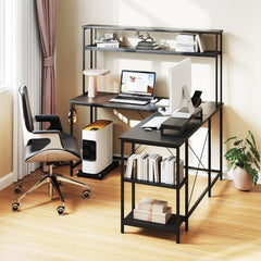 L-Shaped Gaming Desk with LED Strip and Power Outlets-Black