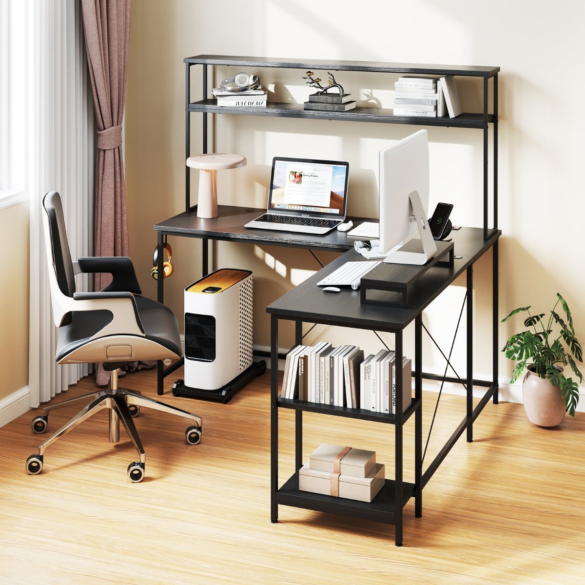 L-Shaped Gaming Desk with LED Strip and Power Outlets-Black