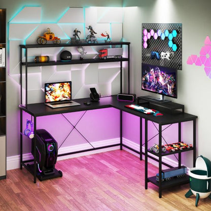 L-Shaped Gaming Desk with LED Strip and Power Outlets-Black