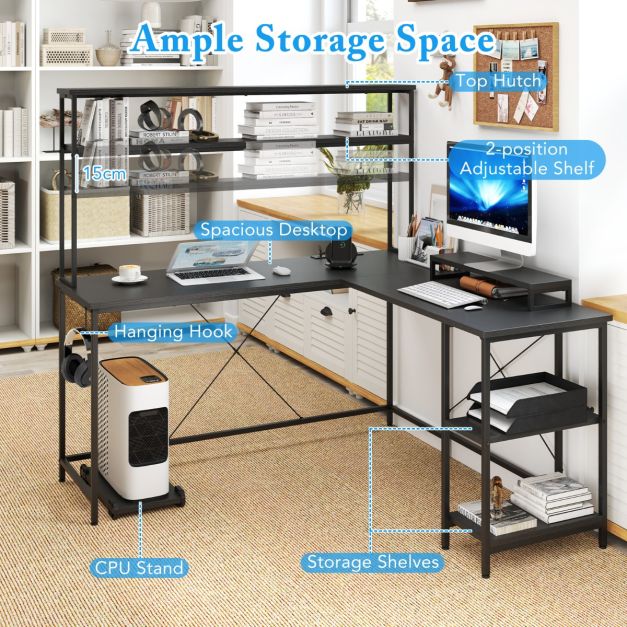 L-Shaped Gaming Desk with LED Strip and Power Outlets-Black