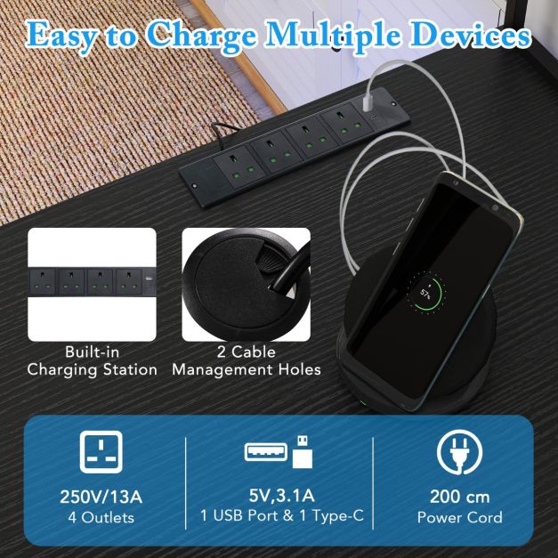 L-Shaped Gaming Desk with LED Strip and Power Outlets-Black