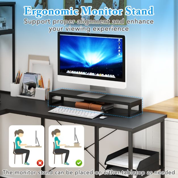 L-Shaped Gaming Desk with LED Strip and Power Outlets-Black