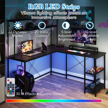 L-Shaped Gaming Desk with LED Strip and Power Outlets-Black