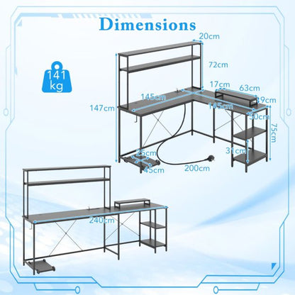 L-Shaped Gaming Desk with LED Strip and Power Outlets-Black