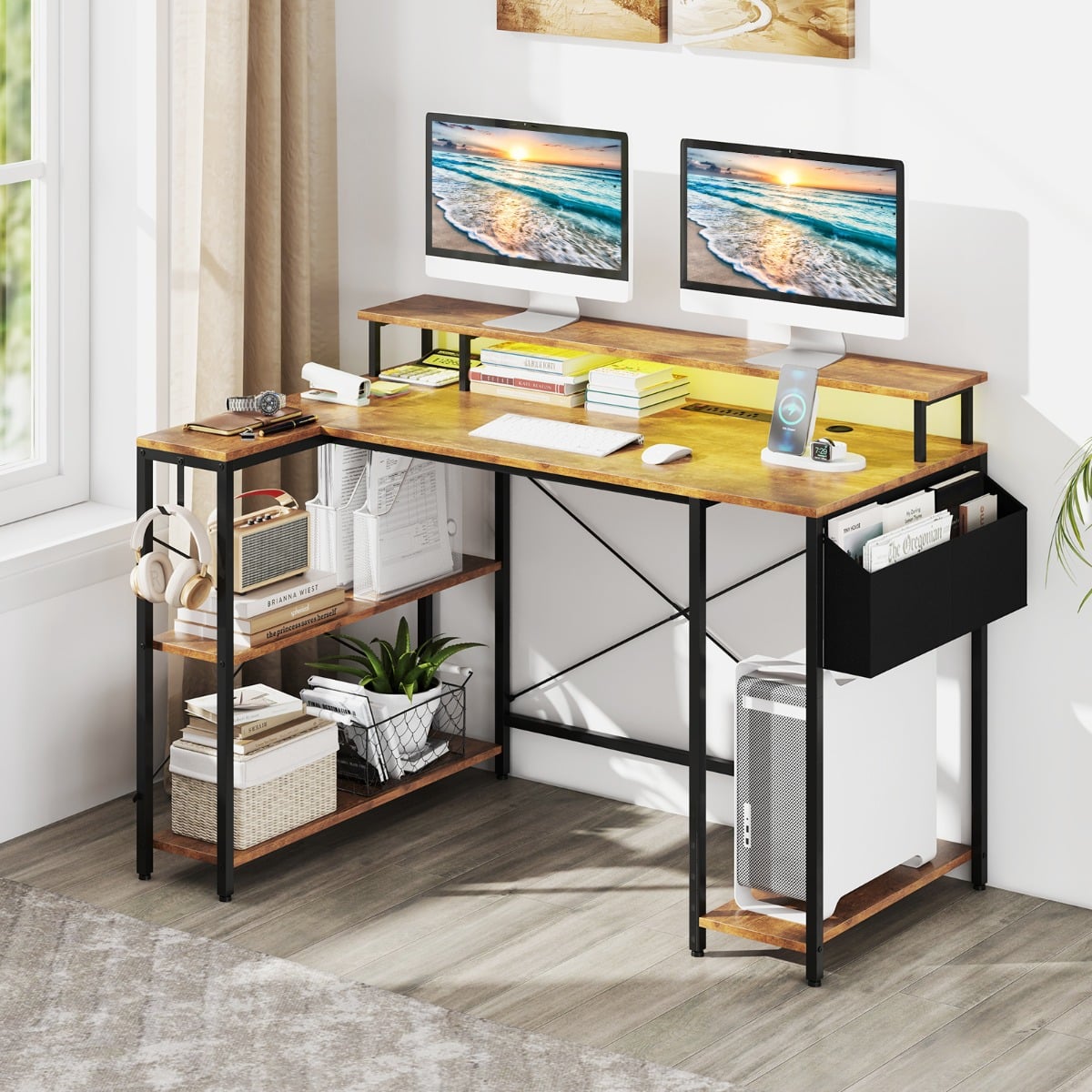 L-Shaped Gaming Desk 120 cm Computer Desk with LED Lights and Power Outlets-Rustic Brown
