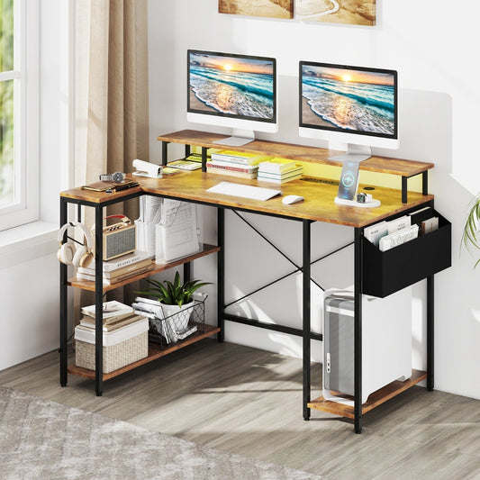 L-Shaped Gaming Desk 120 cm Computer Desk with LED Lights and Power Outlets-Rustic Brown