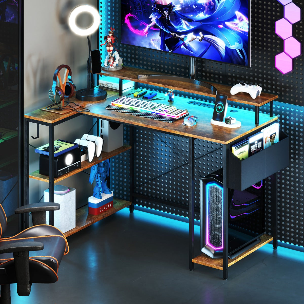 L-Shaped Gaming Desk 120 cm Computer Desk with LED Lights and Power Outlets-Rustic Brown