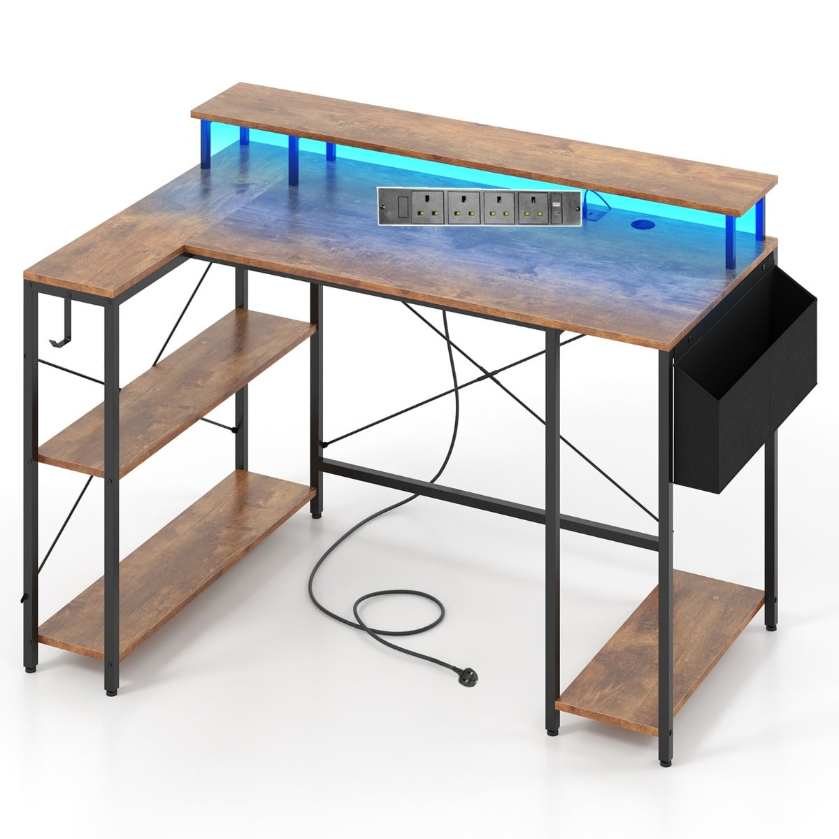 L-Shaped Gaming Desk 120 cm Computer Desk with LED Lights and Power Outlets-Rustic Brown