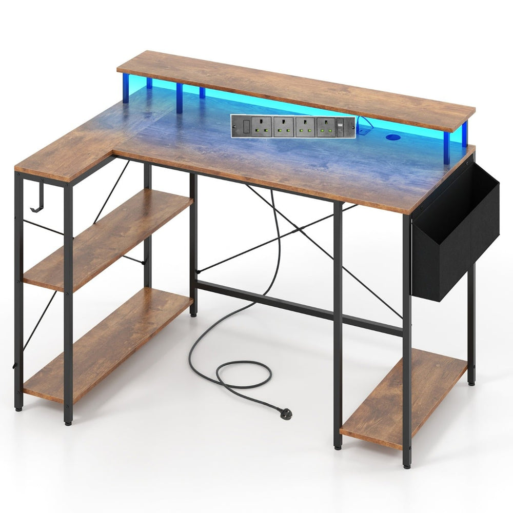 L-Shaped Gaming Desk 120 cm Computer Desk with LED Lights and Power Outlets-Rustic Brown