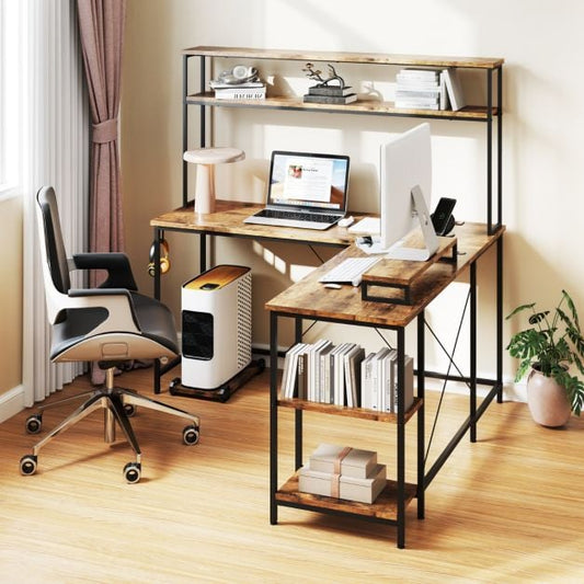 L-Shaped Gaming Desk with LED Strip and Power Outlets-Rustic Brown