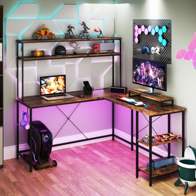 L-Shaped Gaming Desk with LED Strip and Power Outlets-Rustic Brown