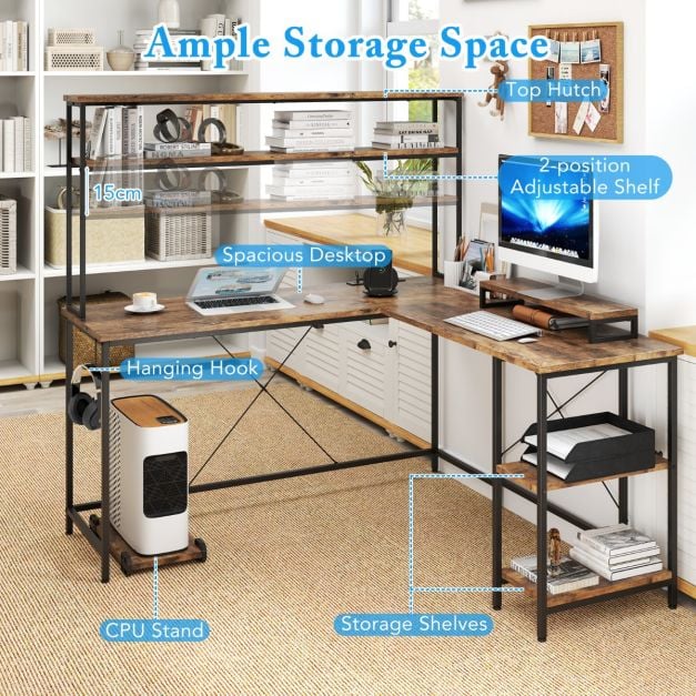 L-Shaped Gaming Desk with LED Strip and Power Outlets-Rustic Brown