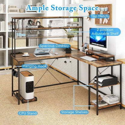 L-Shaped Gaming Desk with LED Strip and Power Outlets-Rustic Brown