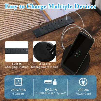 L-Shaped Gaming Desk with LED Strip and Power Outlets-Rustic Brown