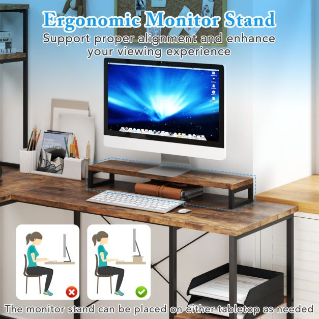 L-Shaped Gaming Desk with LED Strip and Power Outlets-Rustic Brown