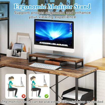 L-Shaped Gaming Desk with LED Strip and Power Outlets-Rustic Brown