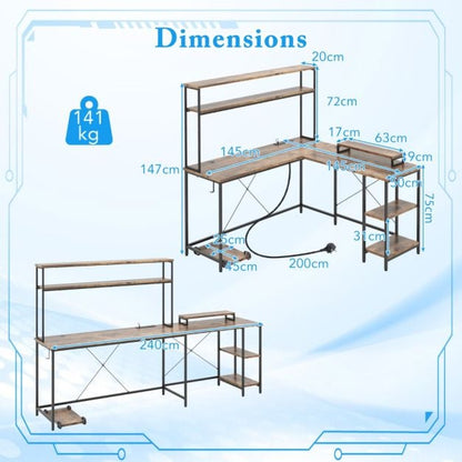 L-Shaped Gaming Desk with LED Strip and Power Outlets-Rustic Brown