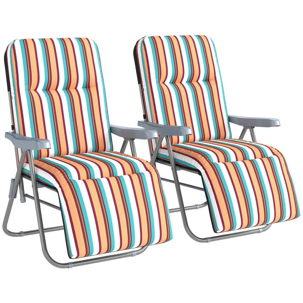Outsunny Set of 2 Foldable Patio Sun Lounger with Adjustable Backrest and Cushion, Multicoloured