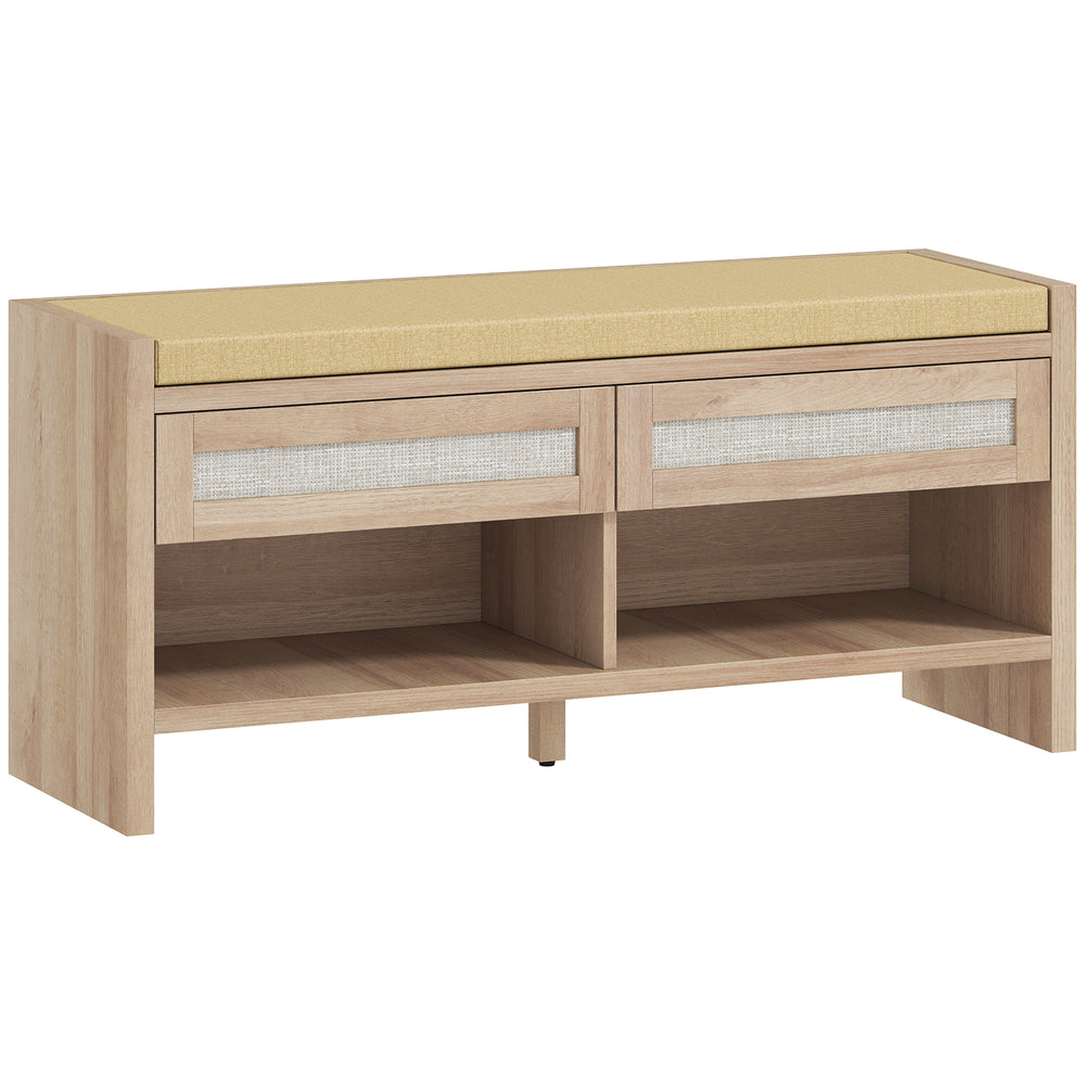 HOMCOM Boho Shoe Bench with 2 Rattan Drawers, Shoe Storage Bench with Cushioned Seat and Open Shelf Oak Wood Effect
