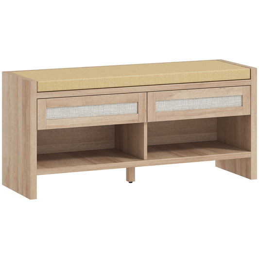 HOMCOM Boho Shoe Bench with 2 Rattan Drawers, Shoe Storage Bench with Cushioned Seat and Open Shelf Oak Wood Effect