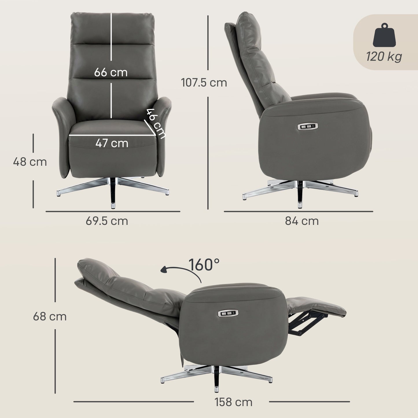 HOMCOM Power Recliner Chair, Swivel Electric Reclining Chair with Type C+USB, Recliner Armchair with Footrest, Dark Grey