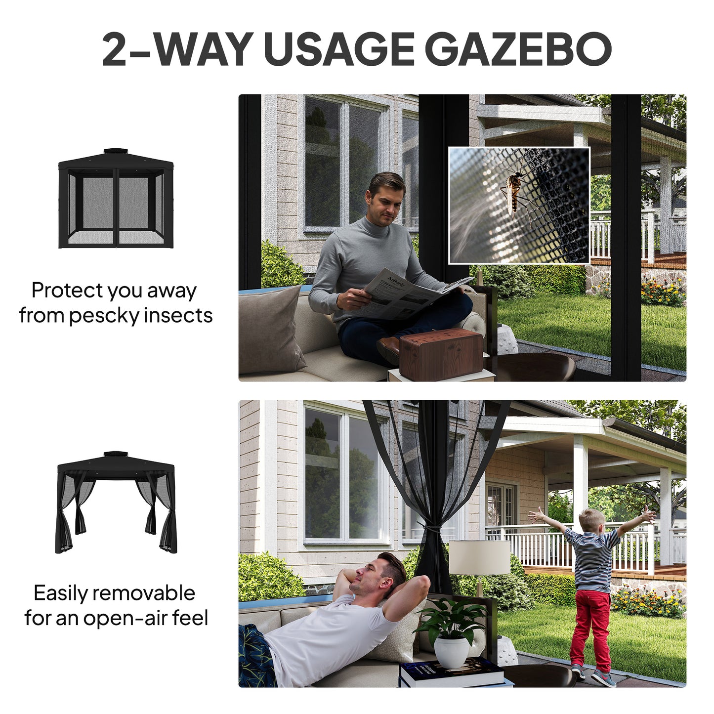 Outsunny 3 x 3 m Metal Gazebo, Garden Pavillion, DoubleÂ Roof Outdoor Canopy Shelter with Mesh Sidewalls, Black