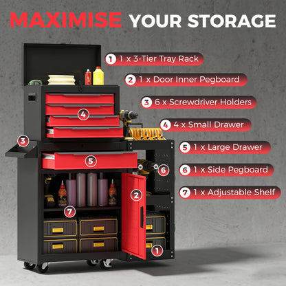 HOMCOM Tool Chest, Mobile Modular Tool Box with 5 Drawers, Side Rack, Pegboard, Lock, Tool Cabinet for Garage Workshop, Red