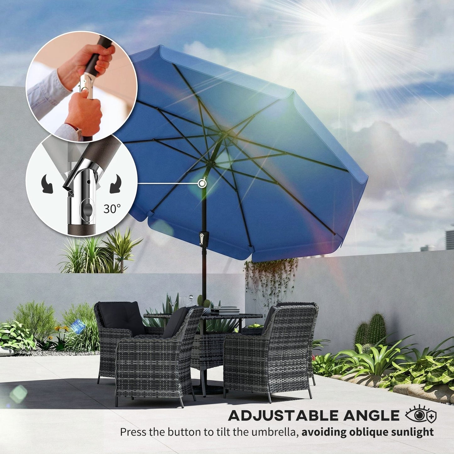 Outsunny 3 m Garden Parasol with Tilt Mechanism & Crank Handle, UPF 30+ Patio Umbrella Outdoor Table Umbrella, Dark Blue