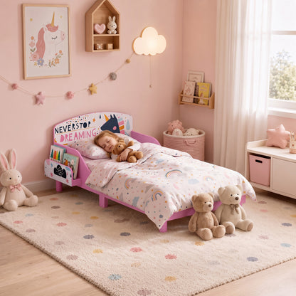 AIYAPLAY Toddler Bed with Bedside Storage and Guard Rails for 3-8, Fits 140 x 70 x 10cm Mattress, Pink Girl Print