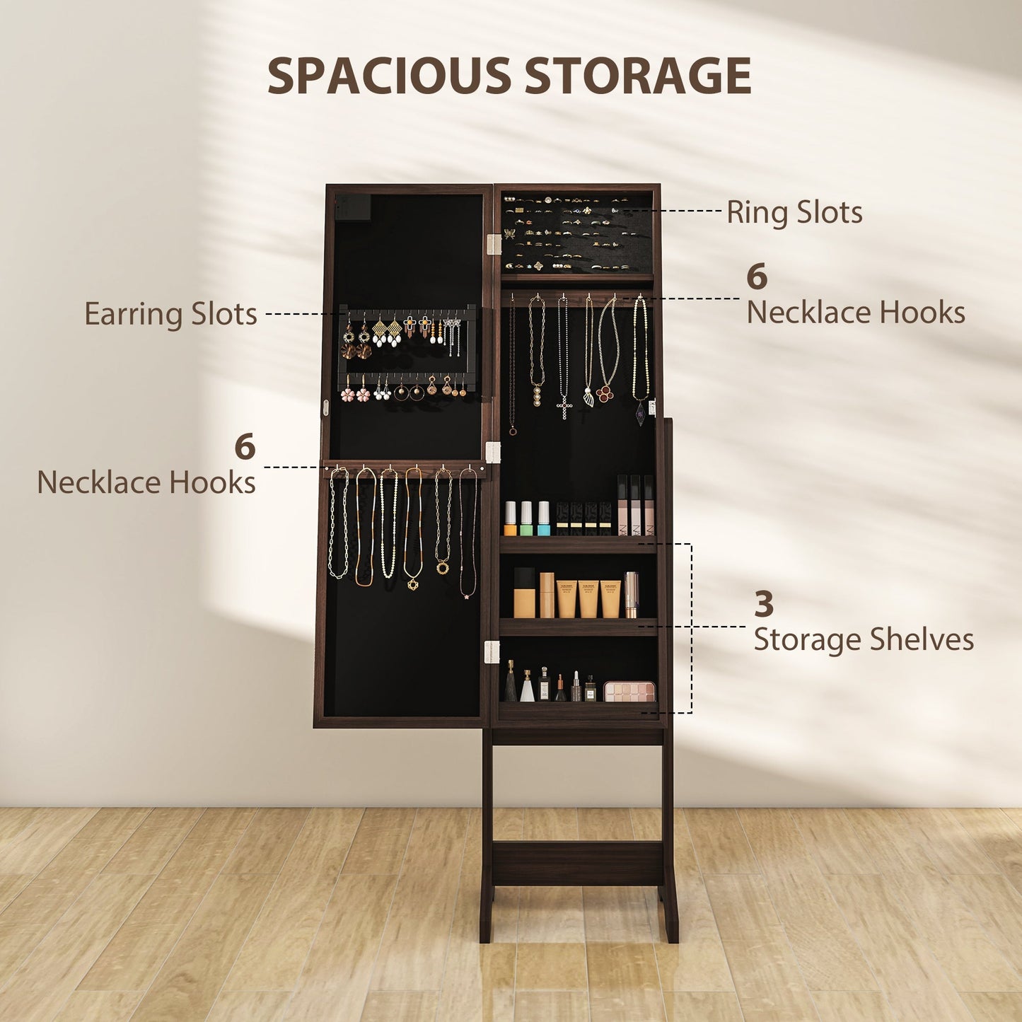 HOMCOM Freestanding Mirrored Jewellery Storage Cabinet - Dark Brown
