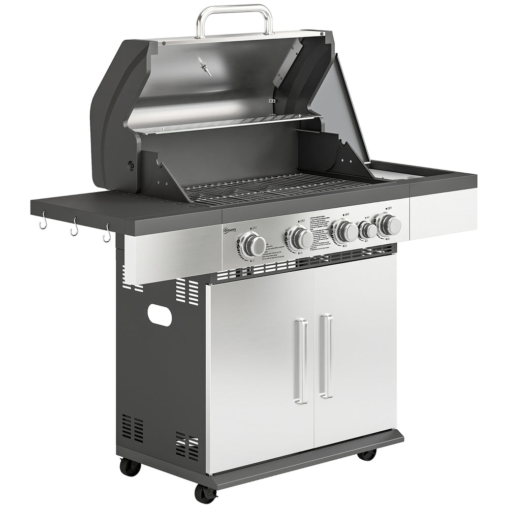 Outsunny 4+1 Burner Gas BBQ Grill, Portable Gas Barbecue Grill with Side Burner, Warming Rack, Side Shelf, Storage Cabinet