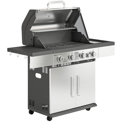 Outsunny 4+1 Burner Gas BBQ Grill, Portable Gas Barbecue Grill with Side Burner, Warming Rack, Side Shelf, Storage Cabinet