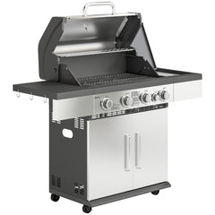 Outsunny 4+1 Burner Gas BBQ Grill, Portable Gas Barbecue Grill with Side Burner, Warming Rack, Side Shelf, Storage Cabinet