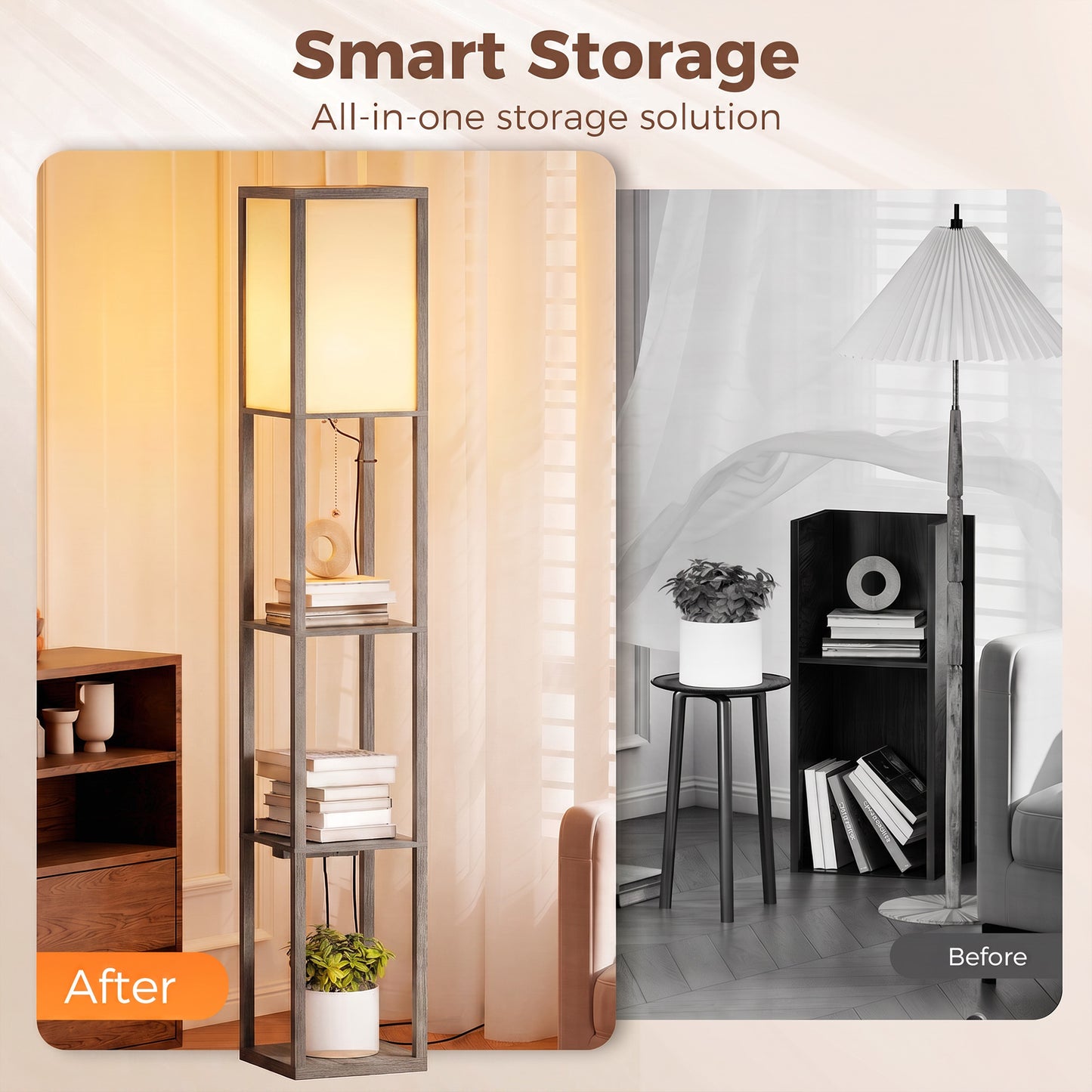 HOMCOM Floor Lamp with Shelves, 3 Layer Column Modern Standing Lamp for Living Room, Bedroom, Office, Grey